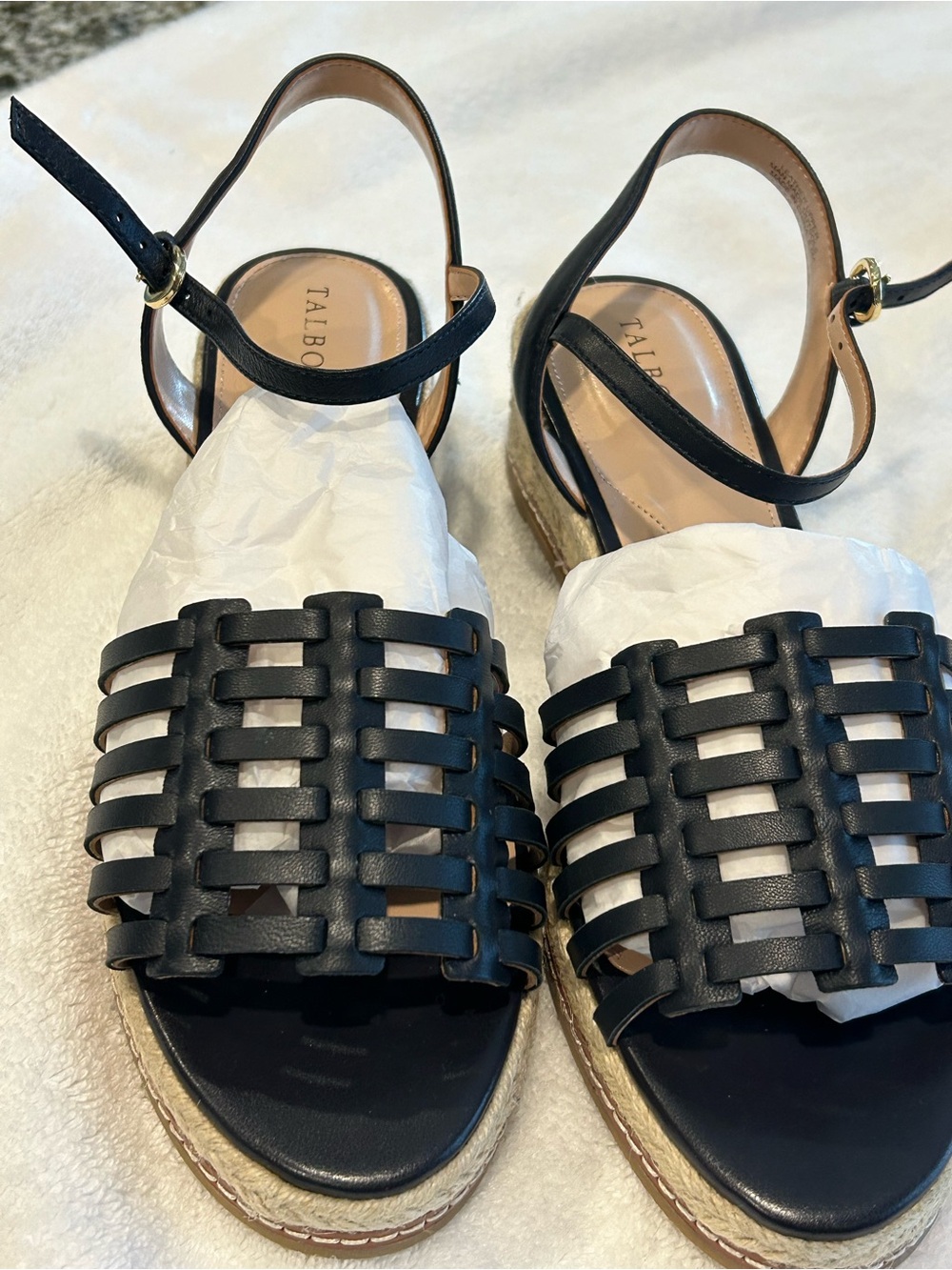 Talbots Navy Woven Leather Espadrille Wedge Sandals